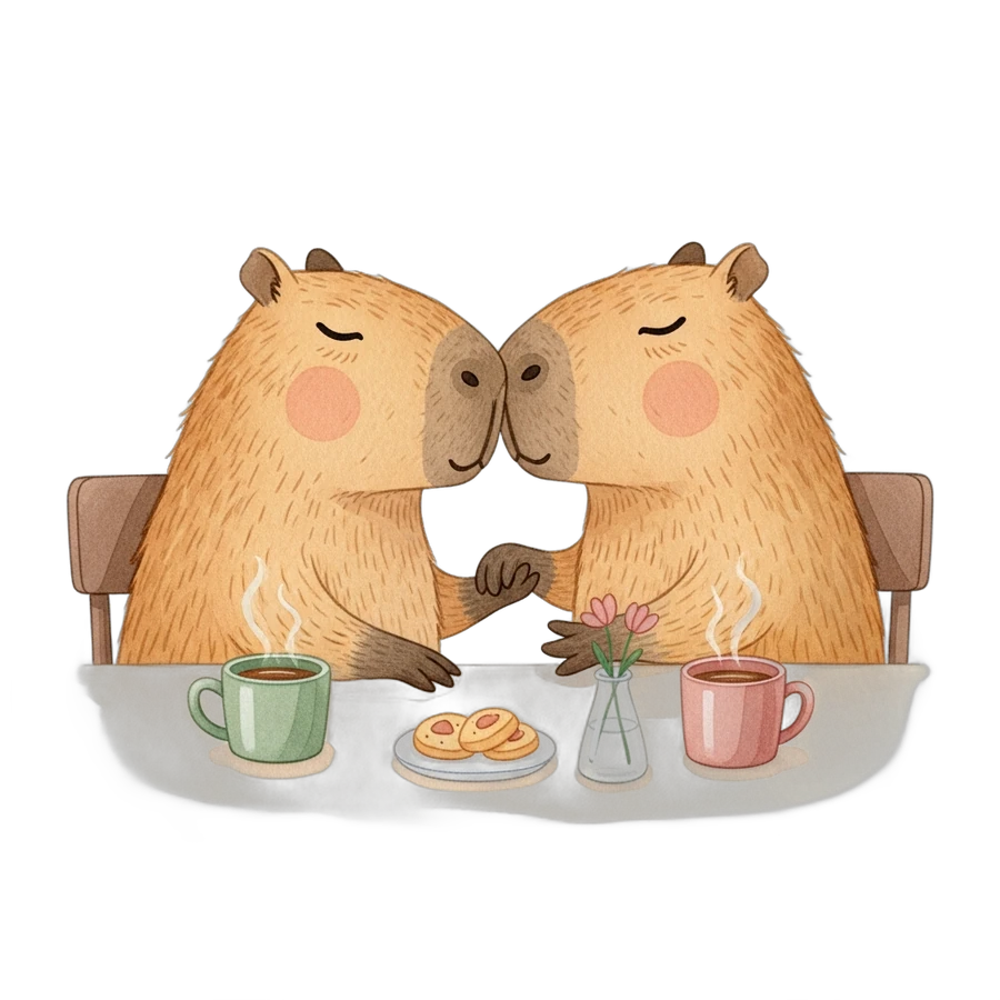 Ilustración cálida de dos capibaras mirando juntas un teléfono en la mesa de la cocina.